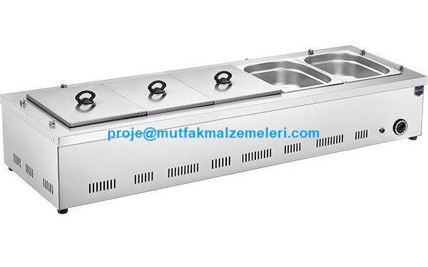 Paslanmaz çelik gövdeli, 5 gözlü 1/2 gastronom kaplı, termostat kontrollü set üstü elektrikli yemek ısıtıcı benmari modeli.
