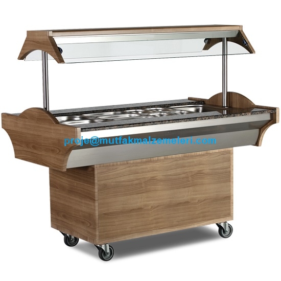 150x89 cm boyutlarında, dekoratif ahşap gövdeli ve paslanmaz çelik havuzlu sıcak meze teşhir dolabı. Üstten aydınlatmalı, 4 adet gastronomi küvet kapasiteli, servis raflı ve su tahliye vanalı profesyonel açık büfe sıcak servis ünitesi.