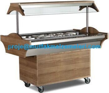Ahşap kaplamalı dekoratif orta tip elektrikli benmari. 1180x890x870/1370 mm ölçülerinde, çift taraflı tepsi kaydırma raflı, gastronom havuzlu endüstriyel yemek servis tezgahı. Lokanta ve otel kullanımına uygun, şık tasarımlı sıcak yemek ünitesi.