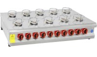 10 gözlü brülörlü set üstü künefe ocağı; 110x50x18 cm ölçülerinde paslanmaz çelik kasa, 26.4 Kw güç kapasiteli, güvenlik valfli ve termokuplu profesyonel künefe pişirme ekipmanı. 10 tepsilik kapasiteye sahip sanayi tipi gazlı ocak.Profesyonel künefe ocağ