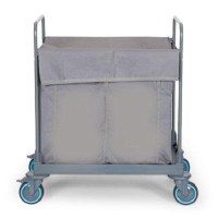 53x91x112 cm ölçülerinde, 2 adet Impertex branda torbalı, plastik gövdeli, sessiz ve tamponlu tekerleklere sahip profesyonel çamaşır toplama ve dağıtım arabası.