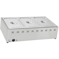 102x57x25 cm ölçülerinde, 3 adet GN 1/1 küvet kapasiteli, paslanmaz çelik gövdeli, termostat kontrollü set üstü elektrikli yemek sıcak tutucu (Bain Marie). Profesyonel mutfaklar için sulu sistem ısıtma özelliğine sahip endüstriyel yemek servis ekipmanı.