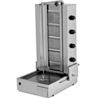 4 radyanlı alttan motorlu gazlı döner ocağı; paslanmaz çelik gövde, hareketli kızak sistemi, ayarlanabilir döner şişi, 220V motor bağlantılı, çift yöne dönebilen profesyonel sanayi tipi döner pişirme makinesi.