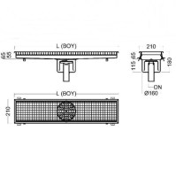 Üreticisinden 210 x 2241 x 160 mm teknik boyutlara sahip, geniş alan drenajı için tasarlanmış, alt orta çıkışlı paslanmaz yer ızgarası boyut görseli.