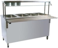1200x950x900 mm boyutlarında, paslanmaz çelikten imal edilmiş, önünde tepsi kaydırma standı bulunan, 3 bölmeli endüstriyel ayaklı benmari. Yemekhane ve lokantalar için uygun, sağlam yapılı paslanmaz yemek servis ünitesi.