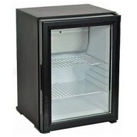Siyah gövdeli, şeffaf cam kapılı profesyonel minibar buzdolabı. 40 cm genişliğinde, kompakt ve modern tasarımlı otel/ofis tipi içecek soğutucusu.