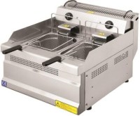 5+5 Litre paslanmaz çelik hazneler, 53x63x30 cm boyutlarında set üstü tasarım. 180°C ayarlı termostat, hareketli rezistanslar ve ayarlanabilir ayaklar. Profesyonel mutfaklar için uzun ömürlü çiftli kızartma ünitesi.
