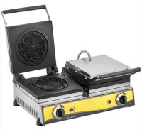 16 cm çapındaki döküm plakalarıyla homojen pişirme sağlayan profesyonel waffle makinesi; 39,5 kg ağırlığındaki sağlam gövdesi ve ergonomik dizaynıyla kafe ve restoranlar için üretilmiştir. Paslanmaz çelik kasasıyla hijyenik ve dayanıklı bir çözüm sunar.