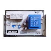 Remta çay makineleriyle uyumlu Okida ET-3000-01 R1 dijital termostat kartı. Ön yüzeyde LED sıcaklık göstergesi ve hedef ısı paneli; arka yüzeyde orijinal Okida RoHS onaylı elektronik devre bileşenleri ile hassas ısı kontrolü sağlayan yedek parça görseli.