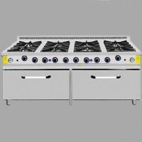 200x100x85 cm ölçülerinde paslanmaz çelik gövde, döküm üst ızgara ve yüksek kalorili brülörler. 39,50 kW ısı gücüne sahip, fırınlı ve çok fonksiyonlu sanayi tipi pişirme ünitesi.