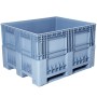 RAL7046 gri renkli, 1000x1200 mm ölçülerinde kapalı gövdeli pabuçlu endüstriyel plastik kasa görseli. Forklift ve transpalet girişine uygun 3 adet sağlam taban pabucu (skid) ve takviyeli plastik duvar yapısını gösteren ürün çekimi.