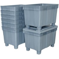 Kapalı gövdeli, 660x1000 mm ölçülerinde ve topuklu tabanlı, istiflenebilir iç içe geçmeli lojistik kasası.