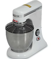 30 Litre paslanmaz çelik kazanlı, hız kontrol panelli, dikey tip endüstriyel krema mikseri. Yanında paslanmaz çelik çırpıcı, palet ve spiral kanca başlıkları ile birlikte görülen, 240 kg ağırlığında sağlam gövdeli profesyonel planet mikser.