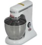 30 Litre paslanmaz çelik kazanlı, hız kontrol panelli, dikey tip endüstriyel krema mikseri. Yanında paslanmaz çelik çırpıcı, palet ve spiral kanca başlıkları ile birlikte görülen, 240 kg ağırlığında sağlam gövdeli profesyonel planet mikser.