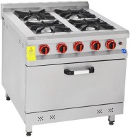 80x80x85 cm boyutlarında, 4 ocak gözü ve 1 fırın kapasiteli paslanmaz çelik gazlı kuzine. 30,4 kW ısıl güce sahip, 100 kg ağırlığında, güvenlik valfli ve pik döküm ızgaralı, LPG/Doğalgaz dönüşümlü profesyonel kuzine fırın.