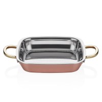 3 katmanlı multi-metal teknolojisine sahip A 101KP 14 kare bakır sahan. 12x14 cm boyutlarındaki bu paslanmaz iç yüzeyli tava, pirinç sapı ve AG2 perçinli sağlam yapısıyla restoranlarda şık ve uzun ömürlü kahvaltı sunumları sağlar. Kalay gerektirmez.