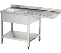 Endüstriyel bulaşık makinesi giriş tezgahı, Paslanmaz çelikten imal edilmiş, tek evyeli, alt raflı ve arkası sırtlı tasarım. 140 cm uzunluğundaki tezgahın altına bulaşık makinesi yerleştirilebilir, ayarlanabilir rotil ayakları ile zemine sabitlenir, İmal