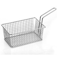 Dikdörtgen formda, şık kulplu 304 kalite paslanmaz çelik derin sunum sepeti. 20x12x8 cm boyutlarında, el işçiliği ile üretilmiş, modern ve dayanıklı servis ekipmanı.