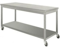 Üst tablası 2 mm kalınlığında 304 kalite satineli paslanmaz sacdan, iskeleti 40x40 mm krom çelik kutu profilden üretilen, frenli tekerlekleri bulunan 180x60x85 cm ölçülerinde orijinal sanayi tipi tezgahtır.