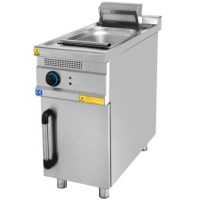 Ayaklı patates dinlendirme ve sıcak tutma ünitesi; paslanmaz çelik gövdeli, porselen ısıtıcı lambalı, 40 cm genişliğinde, 220V elektrikli, süzgeçli hazneli profesyonel fast food tipi patates bekletme makinesi.