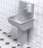 Çocukların kullanımına uygun 80 cm yükseklikte, pedallı musluk sistemine sahip paslanmaz çelik el yıkama evyesi. Hijyenik sabunluk eklentisi ve 50x50 cm evye ölçüsüyle okul, anaokulu ve hastane kullanımına uygun ergonomik yıkama ünitesi.