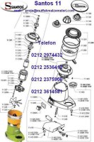 Santos N11 portakal sıkma makinesinin tüm parçalarını gösteren teknik resim şeması. Motor, hazne ve süzgeç gibi bileşenlerin konumunu ve montaj detaylarını içeren, profesyonel tamir ve bakım süreçleri için temel kılavuzdur.