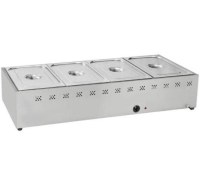 HMK-BSÜE 4 model, 135 cm uzunluğunda paslanmaz çelik set üstü yemek servis tezgahı (benmari). 3+1 adet GN 1/1 gastronom küvetli, sulu sistem ısıtma özellikli, termostat düğmeli endüstriyel yemek ısıtıcı ünitesi. Profesyonel mutfak ve catering ekipmanı.