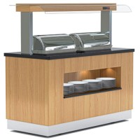 Üst yüzeyi granit, gövdesi ahşap kaplamalı lüks sıcak yemek servis ünitesi. 2 adet 1/1 gastronom kapasiteli Chafing Dish bölmesi, üstten bombe cam nefesliği ve alt kısmında paslanmaz bazası bulunan, gizli ağır yük tekerlekli profesyonel büfe ekipmanı.