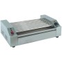 İmalatçısından 65x66x31 cm ölçülerinde, 7 adet döner pişirme borusuna sahip paslanmaz çelik sosis kızartma makinesi görseli. Ön panelinde çift kademeli kontrol düğmeleri ve otomatik termostatı bulunan profesyonel büfe tipi sosis pişirme ünitesi fotoğrafı