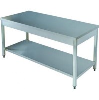 Paslanmaz çelik taban raflı çalışma tezgahı. 110x70x85 cm ölçülerinde endüstriyel mutfak hazırlık masası. Ayarlanabilir rotil ayaklı ve alt depolama raflı sanayi tipi krom tezgah görseli. Hijyenik tasarımlı paslanmaz mutfak ekipmanı. İmalatçısından masa