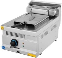 Tek sepetli, tahliye vanalı, paslanmaz çelik gövdeli profesyonel elektrikli fritöz. 40 cm genişliğinde, 8 litre yağ kapasiteli, ayarlanabilir ayaklı ve emniyet termostatlı set üstü kızartma makinesi. Modern ve ergonomik endüstriyel mutfak tasarımı.