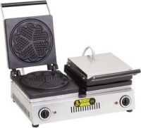 21 cm çapında yonca çiçek desenli çift kapaklı elektrikli waffle makinesi; paslanmaz çelik gövdeli, teflon kaplamalı yapışmaz döküm pleytli profesyonel sanayi tipi waffle yapıcı görseli. 2400 Watt gücünde iki gözlü masaüstü waffle pişirme cihazı.