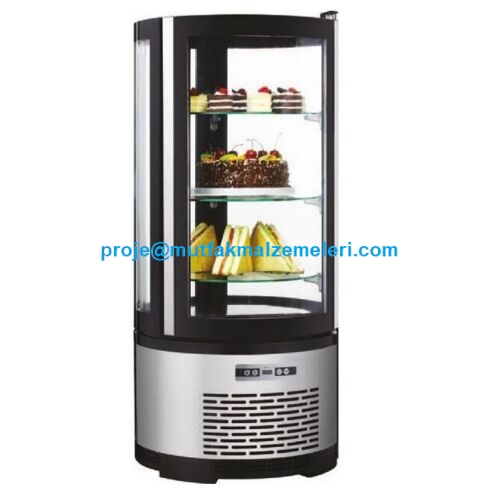 Yuvarlak Camlı Pasta Teşhir Dolabı: 48x48x103 cm ölçülerinde, 100 Litre hacimli, 3 katlı, LED ışıklı ve çift camlı profesyonel pasta soğutma ve sergileme ünitesi. #TatlıDolabı #KafeteryaEkipmanları